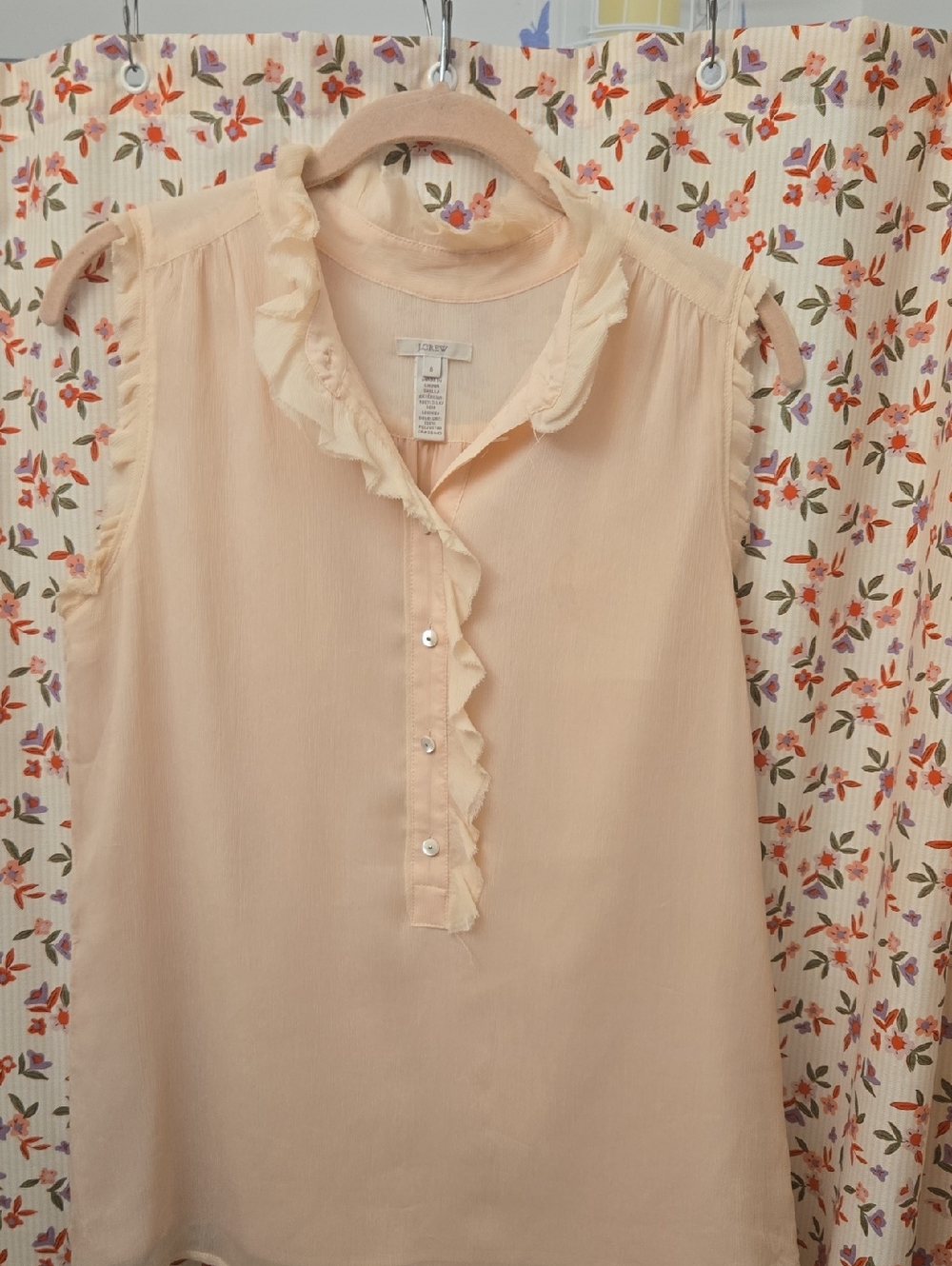 J. Crew Blush Pink Silk Ruffle Sleeveless Henley Blouse